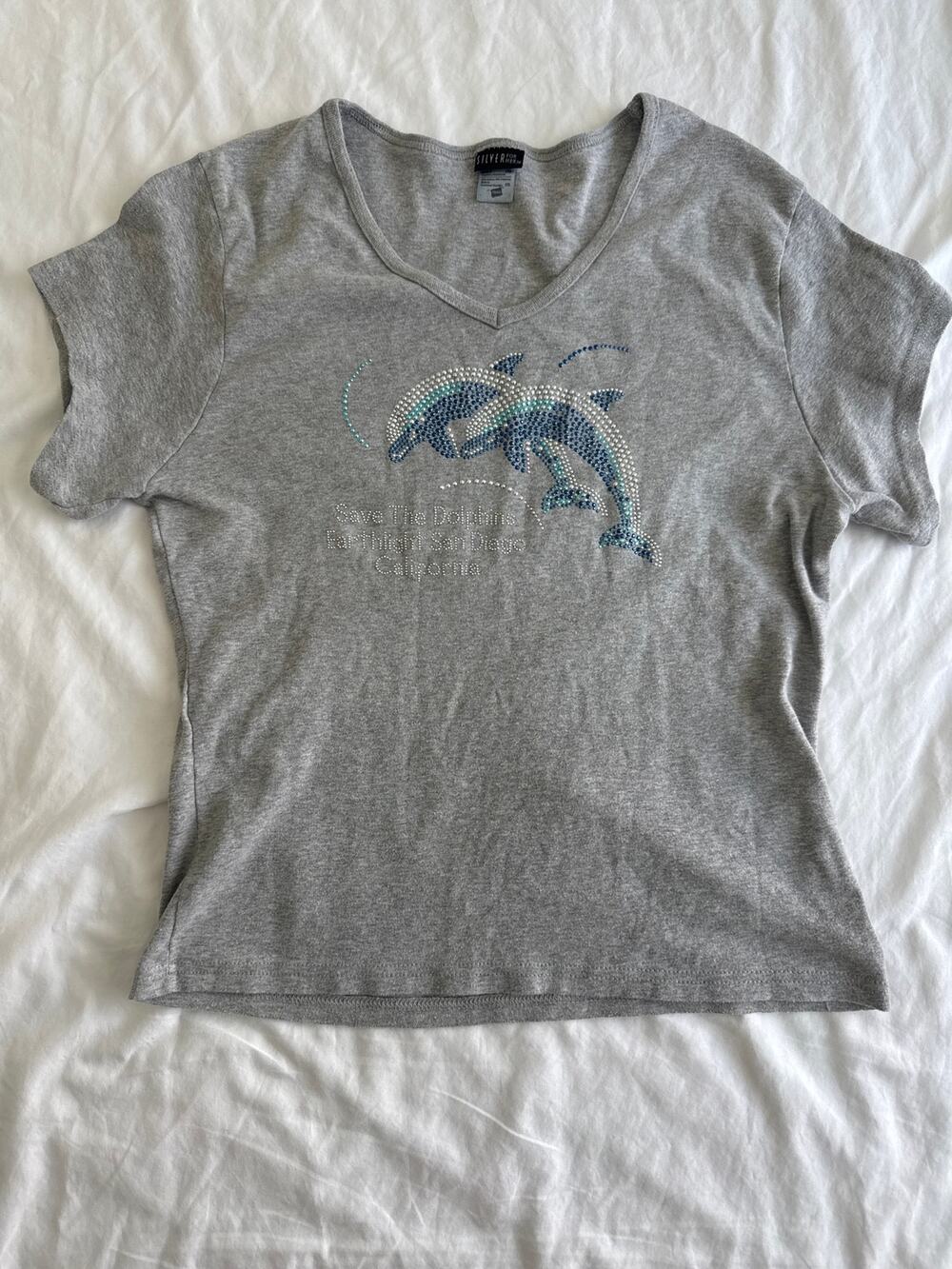 Vintage Y2K 90s Bedazzled Save the Dolphins Top Streetwear Bling Glam Whimsical